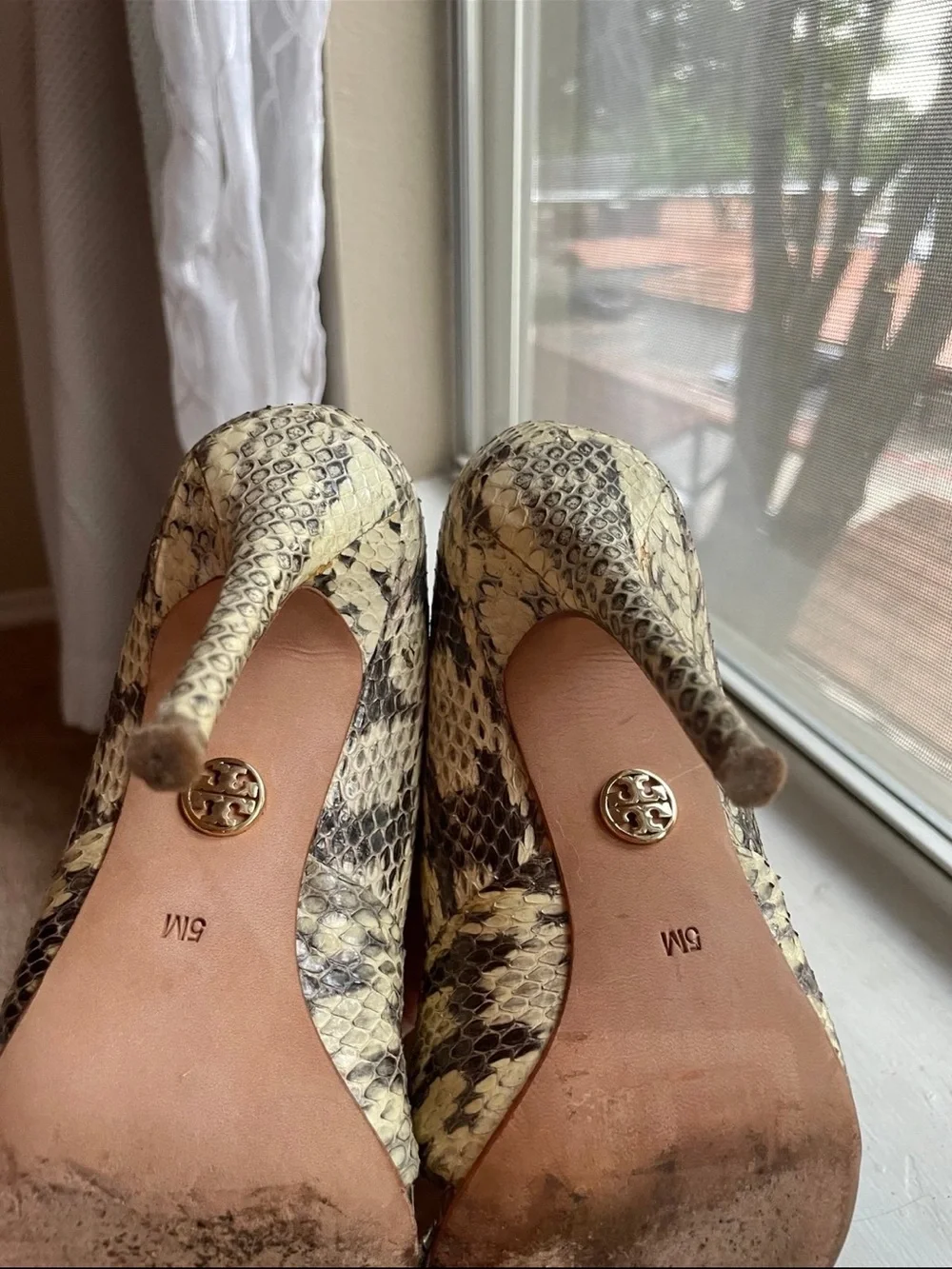 Women’s Snake-Print Peep-Toe Pumps tan color print